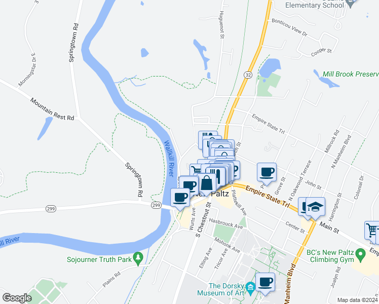 map of restaurants, bars, coffee shops, grocery stores, and more near 28 Huguenot Street in New Paltz