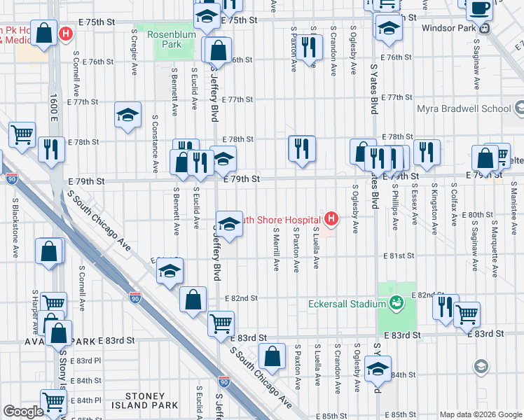 map of restaurants, bars, coffee shops, grocery stores, and more near 8009 South Clyde Avenue in Chicago
