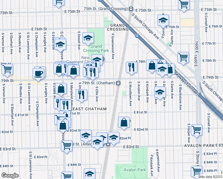 map of restaurants, bars, coffee shops, grocery stores, and more near 1049 East 80th Street in Chicago