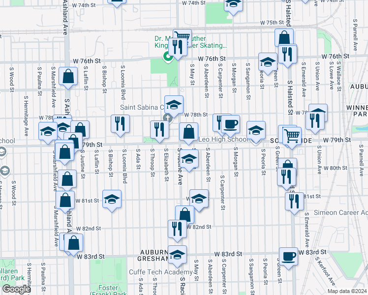 map of restaurants, bars, coffee shops, grocery stores, and more near 7932 South Racine Avenue in Chicago