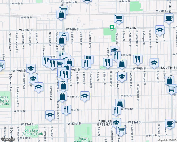 map of restaurants, bars, coffee shops, grocery stores, and more near 7929 South Loomis Boulevard in Chicago