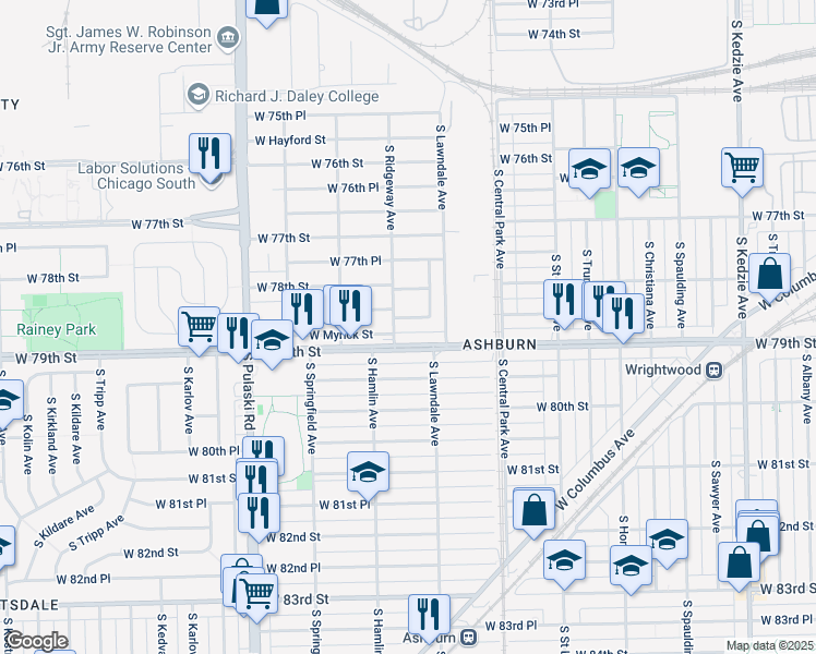 map of restaurants, bars, coffee shops, grocery stores, and more near 3719 West 79th Street in Chicago