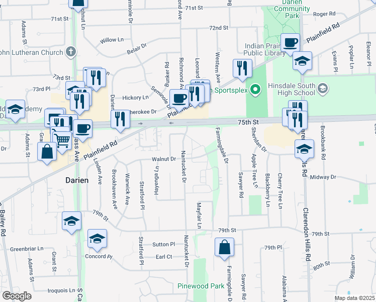 map of restaurants, bars, coffee shops, grocery stores, and more near 7601 Nantucket Drive in Darien