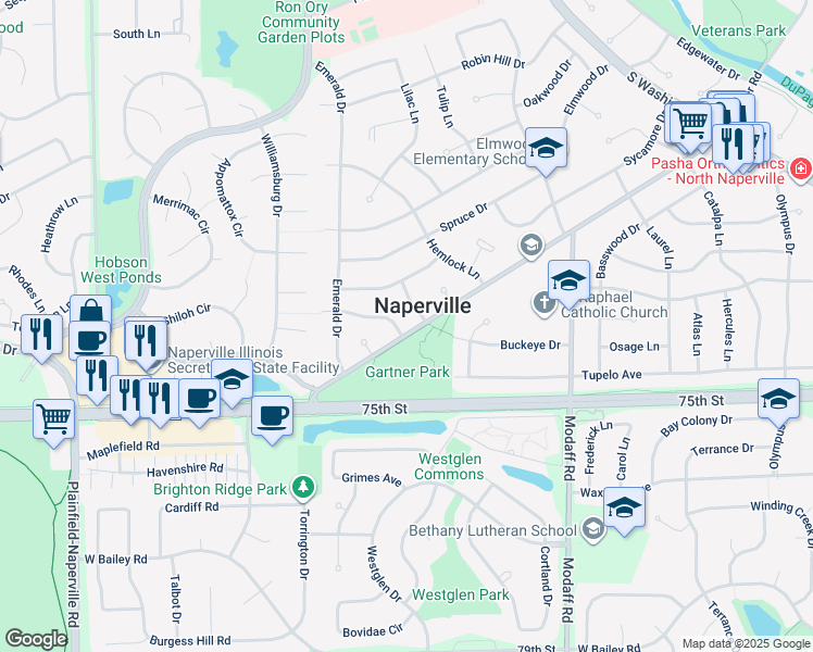 map of restaurants, bars, coffee shops, grocery stores, and more near in Naperville