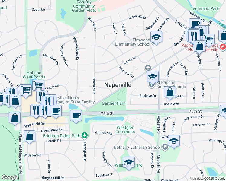 map of restaurants, bars, coffee shops, grocery stores, and more near in Naperville
