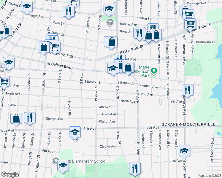 map of restaurants, bars, coffee shops, grocery stores, and more near 959 2nd Avenue in Aurora