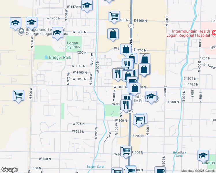 map of restaurants, bars, coffee shops, grocery stores, and more near 145 West 1000 North in Logan