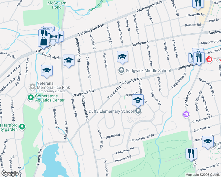 map of restaurants, bars, coffee shops, grocery stores, and more near 32 Tunxis Road in West Hartford