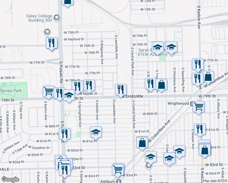 map of restaurants, bars, coffee shops, grocery stores, and more near 3643 West 79th Street in Chicago