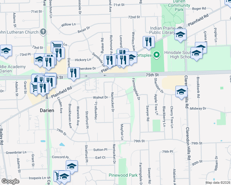 map of restaurants, bars, coffee shops, grocery stores, and more near 7601 Nantucket Drive in Darien