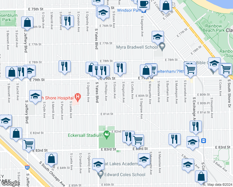 map of restaurants, bars, coffee shops, grocery stores, and more near 7953 South Essex Avenue in Chicago