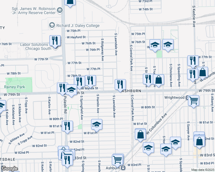 map of restaurants, bars, coffee shops, grocery stores, and more near 3719 West 79th Street in Chicago