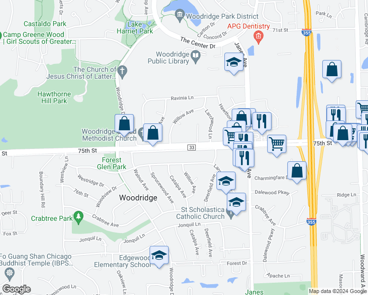 map of restaurants, bars, coffee shops, grocery stores, and more near 2647 75th Street in Woodridge