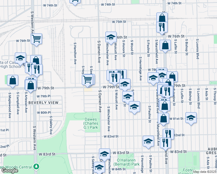 map of restaurants, bars, coffee shops, grocery stores, and more near W 79th St & S Winchester Ave in Chicago