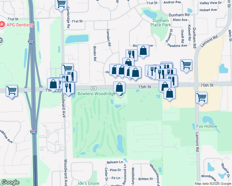 map of restaurants, bars, coffee shops, grocery stores, and more near 1565 75th Street in Woodridge