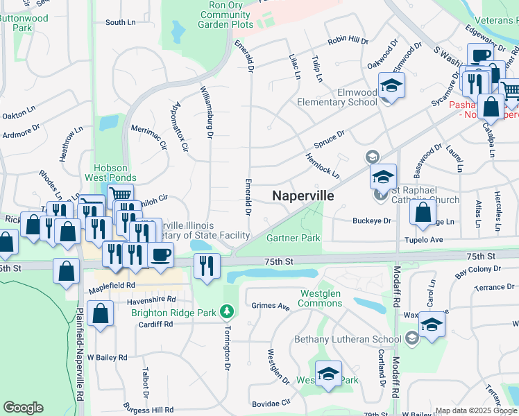 map of restaurants, bars, coffee shops, grocery stores, and more near 564 Cypress Drive in Naperville