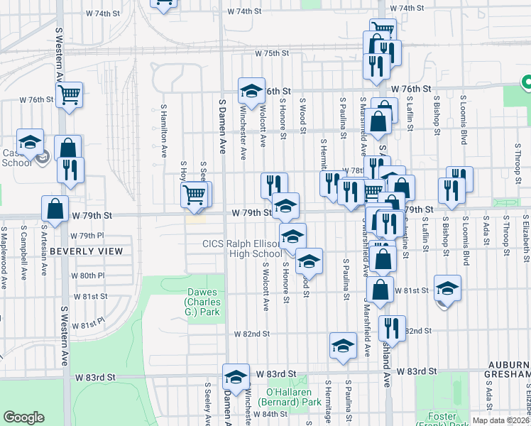 map of restaurants, bars, coffee shops, grocery stores, and more near W 79th St & S Wolcott Ave in Chicago