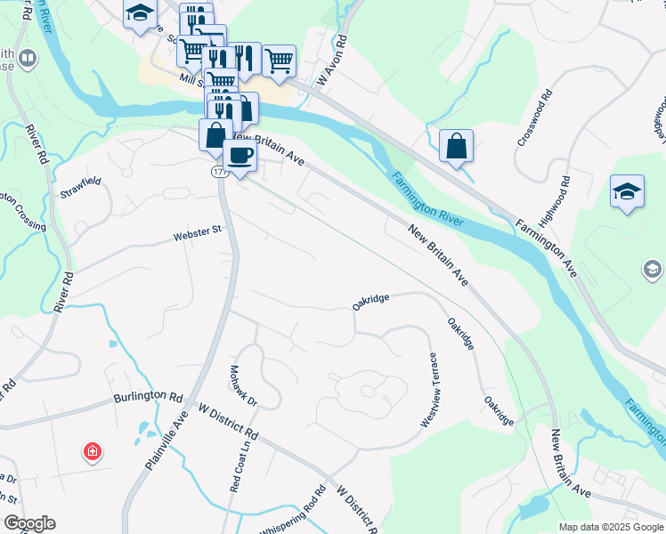 map of restaurants, bars, coffee shops, grocery stores, and more near 1 Bari Lane in Farmington
