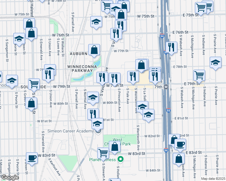 map of restaurants, bars, coffee shops, grocery stores, and more near 7917 South Harvard Avenue in Chicago