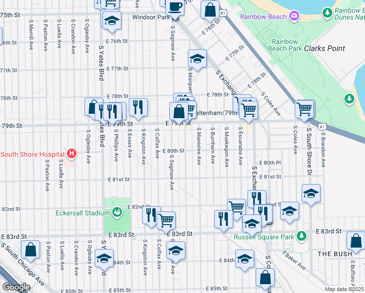 map of restaurants, bars, coffee shops, grocery stores, and more near 7952 South Marquette Avenue in Chicago