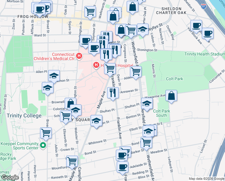 map of restaurants, bars, coffee shops, grocery stores, and more near 43 Franklin Avenue in Hartford