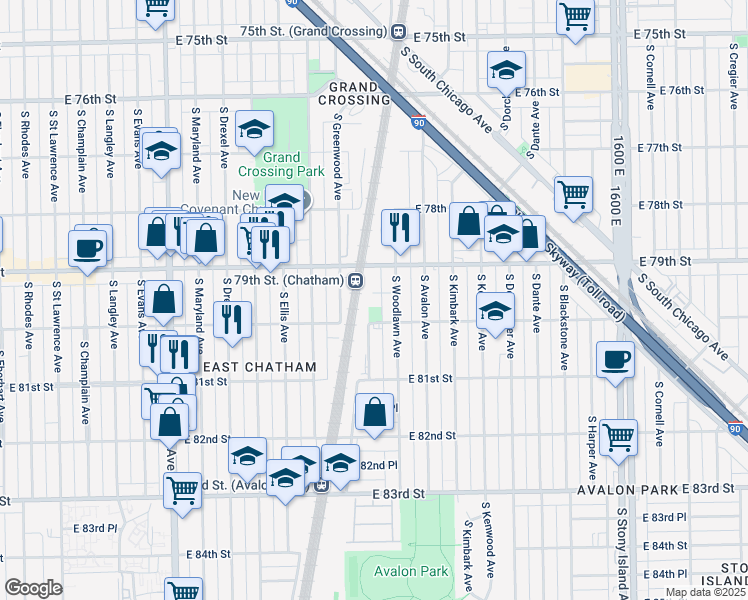 map of restaurants, bars, coffee shops, grocery stores, and more near South Greenwood Avenue in Chicago