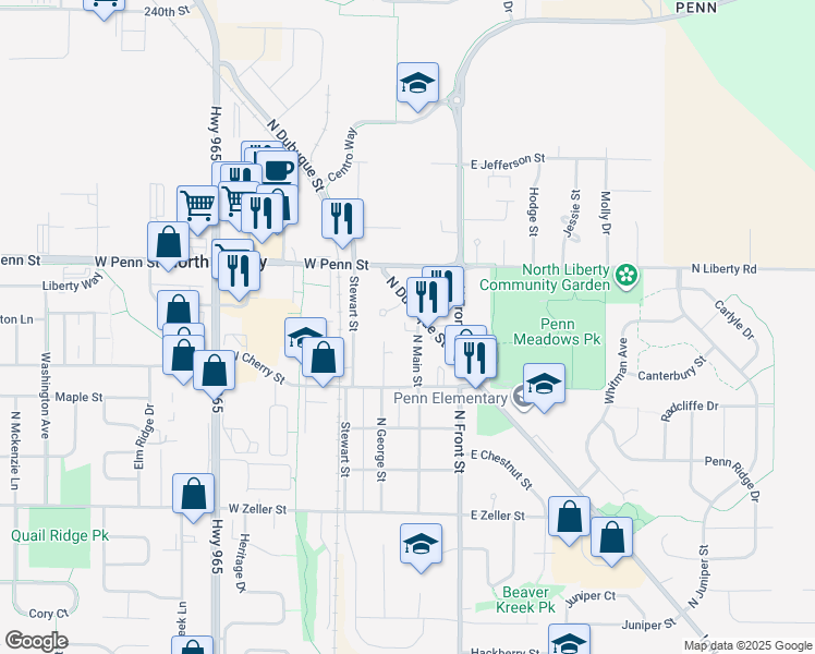 map of restaurants, bars, coffee shops, grocery stores, and more near 413 North Main Street in North Liberty