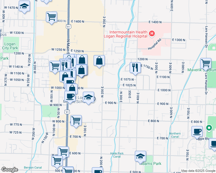 map of restaurants, bars, coffee shops, grocery stores, and more near 246 East 1100 North in Logan