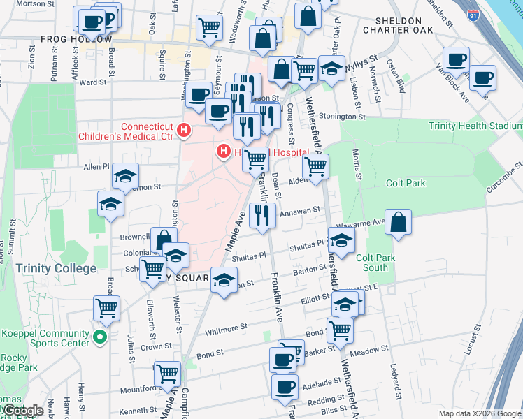 map of restaurants, bars, coffee shops, grocery stores, and more near 43 Franklin Avenue in Hartford