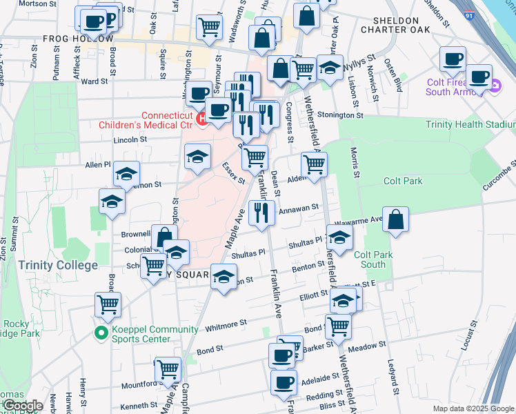 map of restaurants, bars, coffee shops, grocery stores, and more near 43 Franklin Avenue in Hartford
