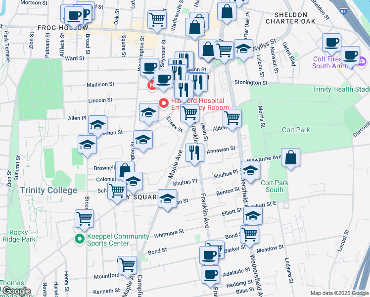 map of restaurants, bars, coffee shops, grocery stores, and more near 43 Franklin Avenue in Hartford