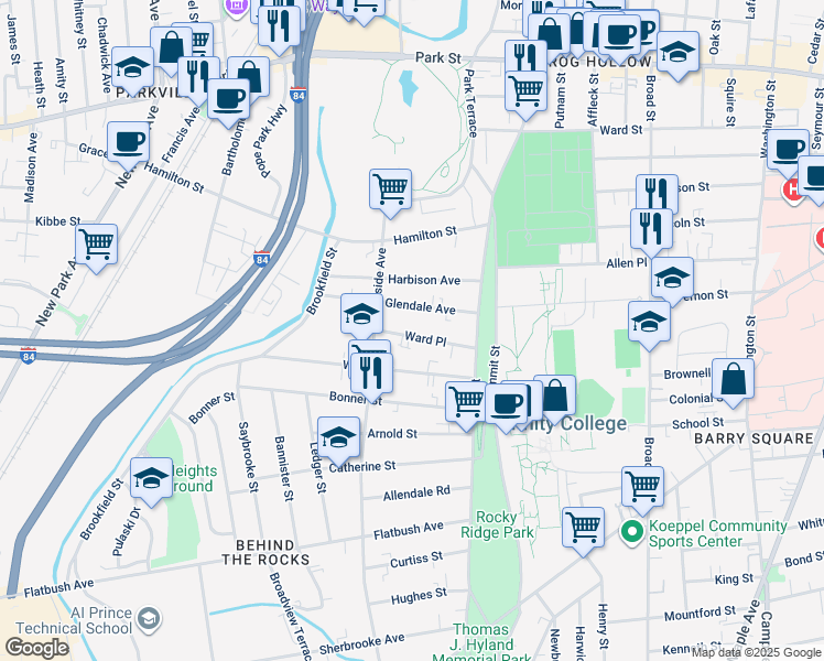 map of restaurants, bars, coffee shops, grocery stores, and more near 55 Glendale Avenue in Hartford