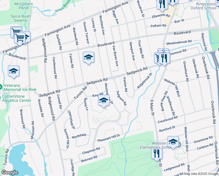 map of restaurants, bars, coffee shops, grocery stores, and more near 5 Sulgrave Road in West Hartford
