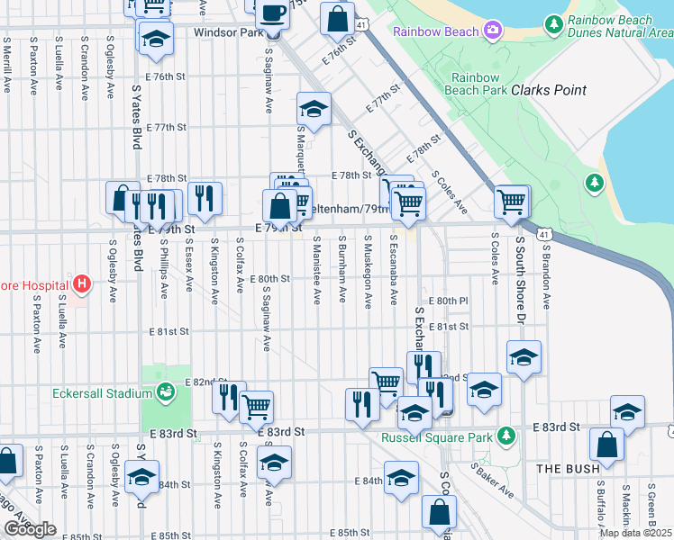 map of restaurants, bars, coffee shops, grocery stores, and more near 7931 South Burnham Avenue in Chicago