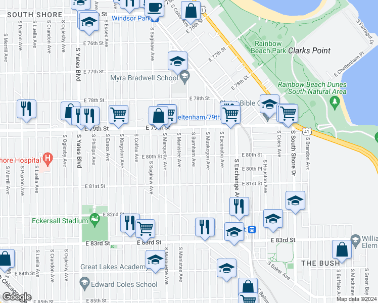 map of restaurants, bars, coffee shops, grocery stores, and more near 7931 South Burnham Avenue in Chicago