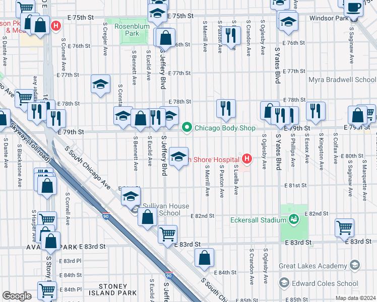 map of restaurants, bars, coffee shops, grocery stores, and more near 7919 South Chappel Avenue in Chicago