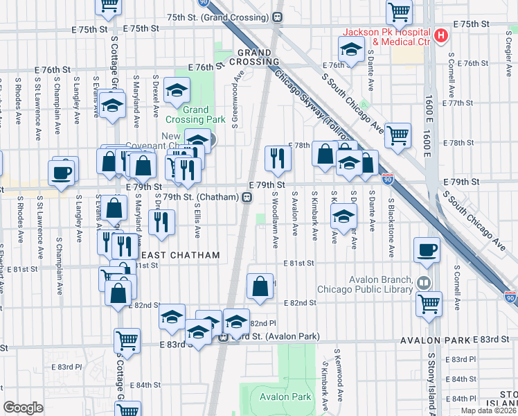 map of restaurants, bars, coffee shops, grocery stores, and more near South Greenwood Avenue in Chicago