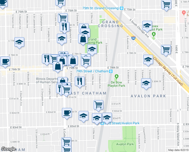 map of restaurants, bars, coffee shops, grocery stores, and more near 7907 South Ellis Avenue in Chicago