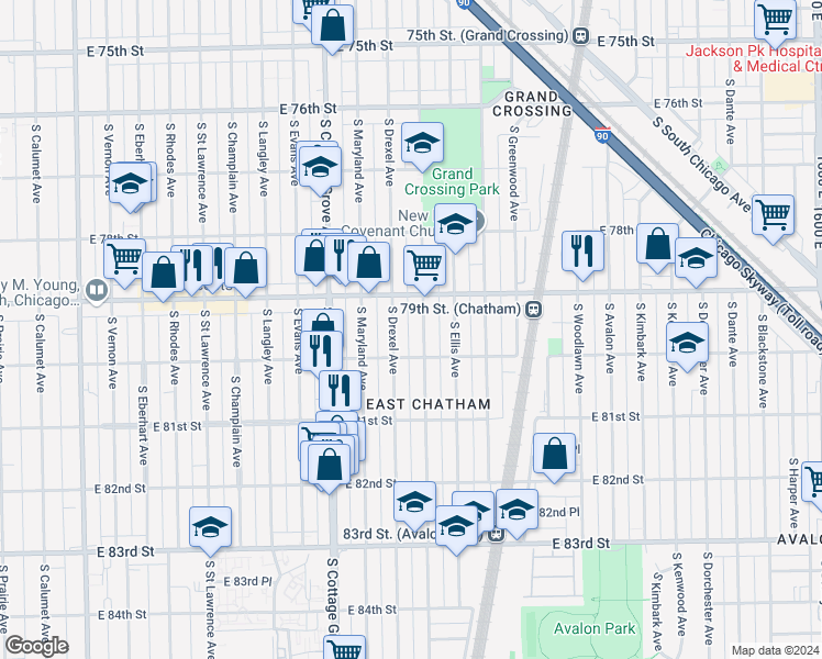 map of restaurants, bars, coffee shops, grocery stores, and more near 935 East 79th Street in Chicago
