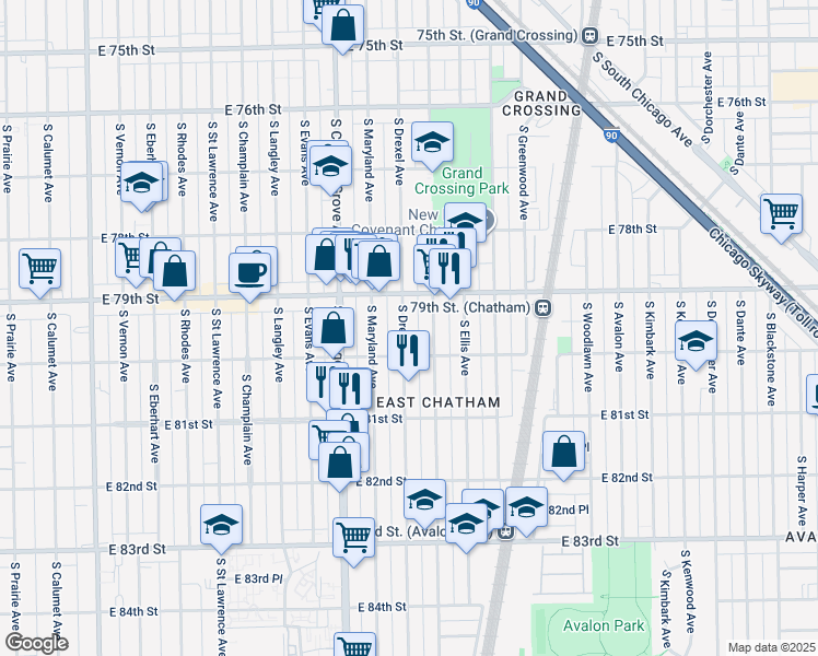 map of restaurants, bars, coffee shops, grocery stores, and more near 7906 South Drexel Avenue in Chicago