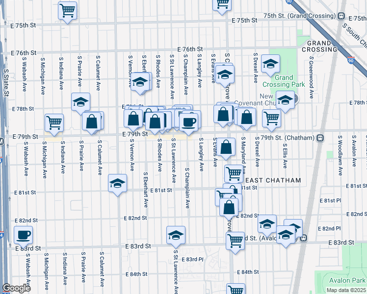 map of restaurants, bars, coffee shops, grocery stores, and more near 623 East 79th Street in Chicago