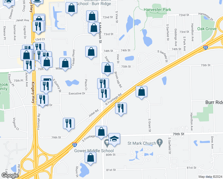 map of restaurants, bars, coffee shops, grocery stores, and more near 15W700 Brush Hill Road in Willowbrook
