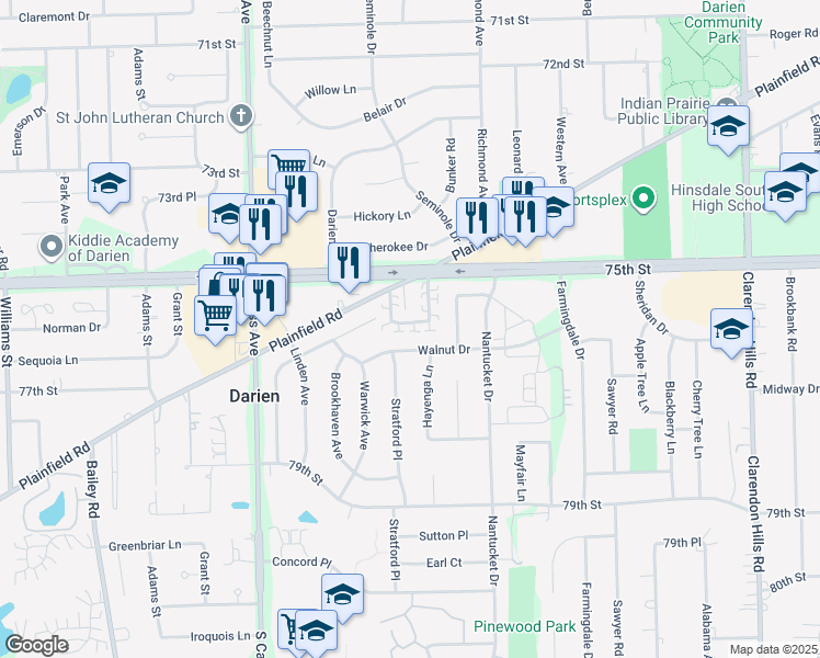 map of restaurants, bars, coffee shops, grocery stores, and more near 913 Plainfield Road in Darien