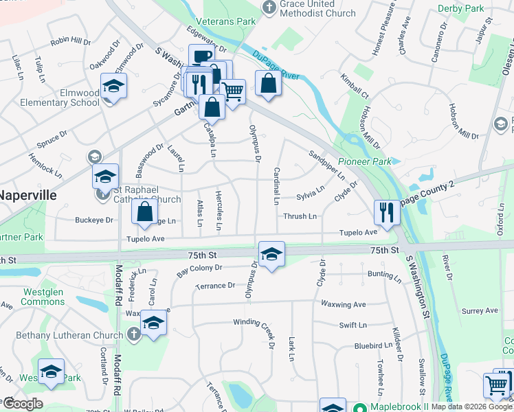 map of restaurants, bars, coffee shops, grocery stores, and more near 1209 Cardinal Lane in Naperville
