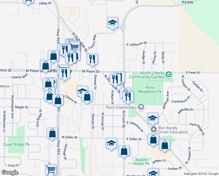 map of restaurants, bars, coffee shops, grocery stores, and more near 423 North Dubuque Street in North Liberty