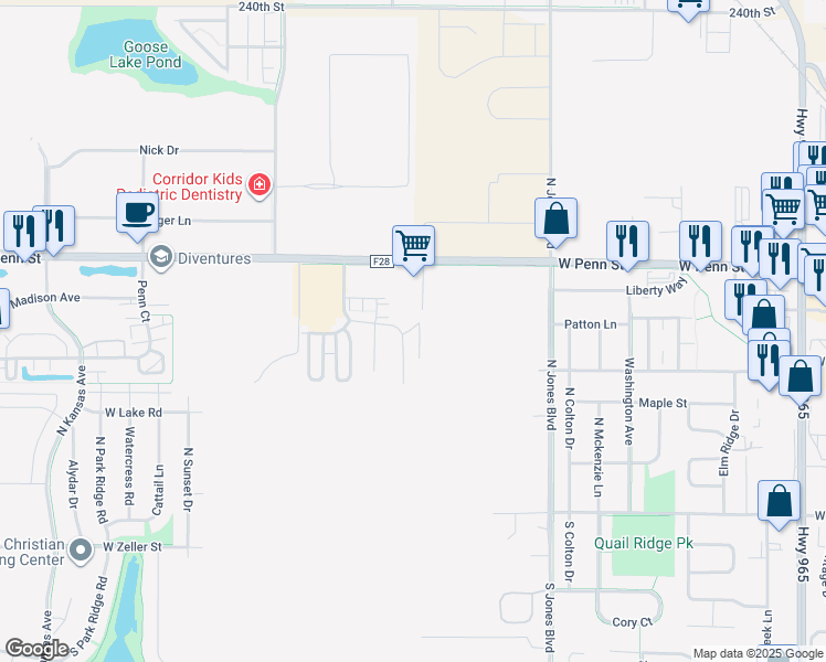 map of restaurants, bars, coffee shops, grocery stores, and more near 595 County Road F28 in North Liberty