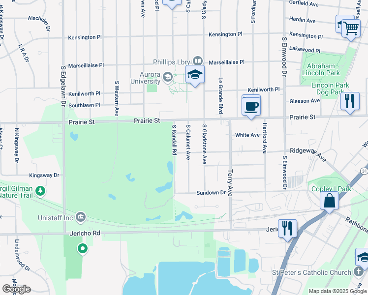 map of restaurants, bars, coffee shops, grocery stores, and more near 507 South Calumet Avenue in Aurora