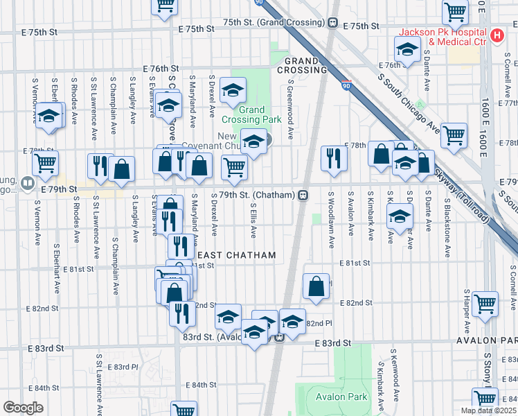 map of restaurants, bars, coffee shops, grocery stores, and more near 7935 South Ellis Avenue in Chicago