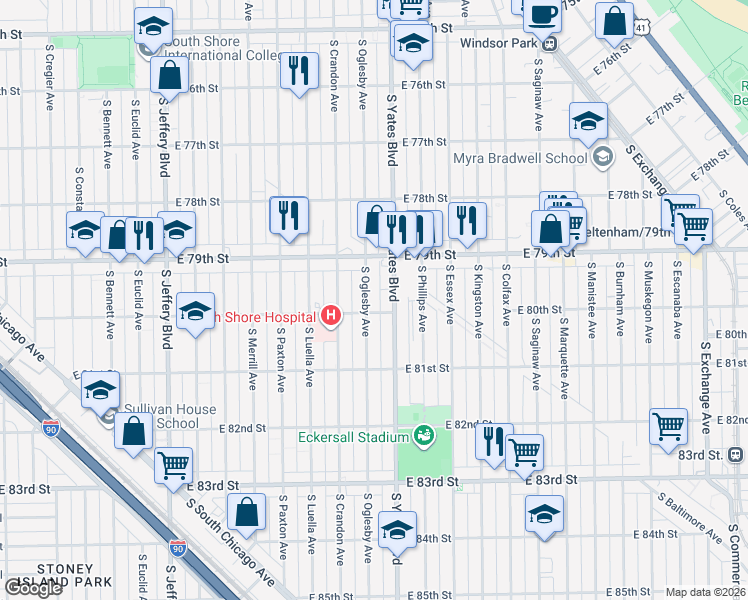 map of restaurants, bars, coffee shops, grocery stores, and more near 7921 South Oglesby Avenue in Chicago