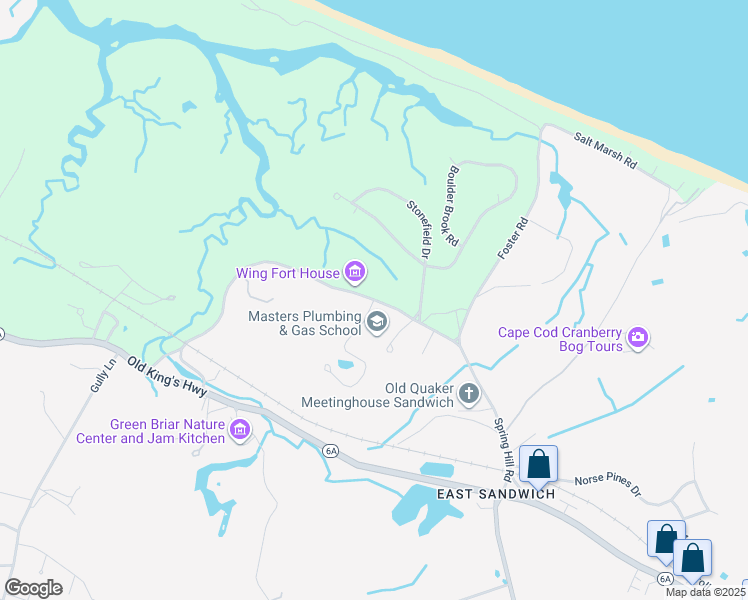 map of restaurants, bars, coffee shops, grocery stores, and more near Spring Hill Road in Sandwich